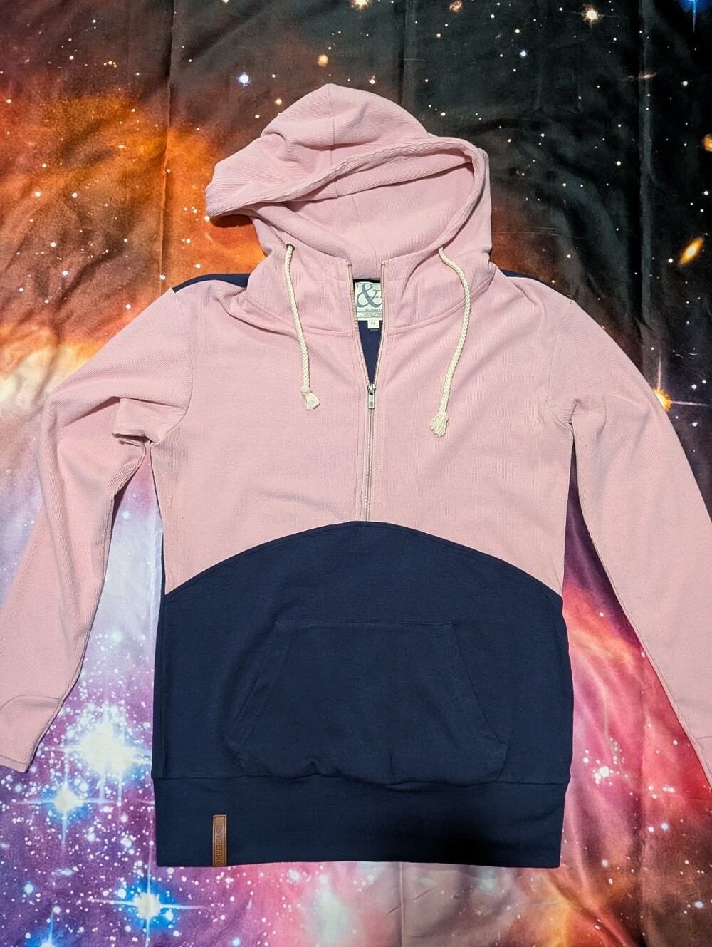 Two-Tone Pink and Navy Half-Zip Ampersand Hoodie Size Medium
